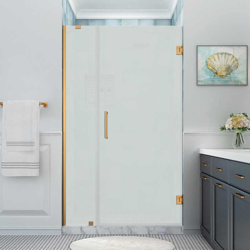 Belmore XL 44.25 - 45.25 in. x 80 in. Frameless Hinged Shower Door with Ultra-Bright Glass, Frosted Glass, Brushed Gold