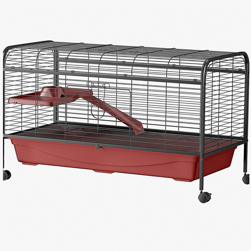 PawHut 48" L Small Animal Cage, Rabbit Hutch, or Ferret Pet Play House with Feeder, Rolling Wheels, Platform, Ramp