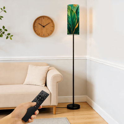 Lampe sur pied luxueuse art feuilles tropicales lignes bleues et vertes à intensité variable moderne avec télécommande et pédale abat-jour abat-jour haut lampadaire pour salon chambre bureau