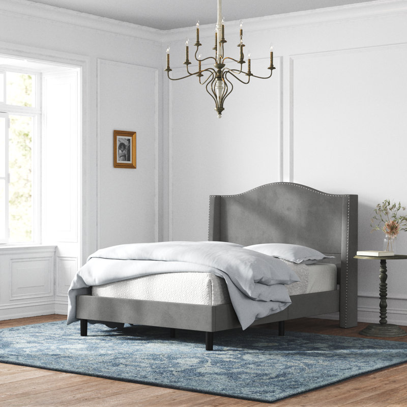 Lit plateforme tapissier Ameera, gris, Double