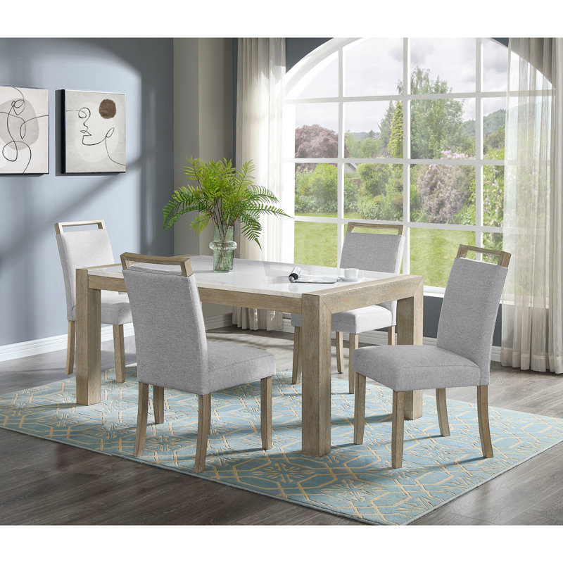 Meuble de salle à manger moderne 5 pièces avec plateau rectangulaire en pierre de marbre et sièges rembourrés confortables de style contemporain avec surface blanche