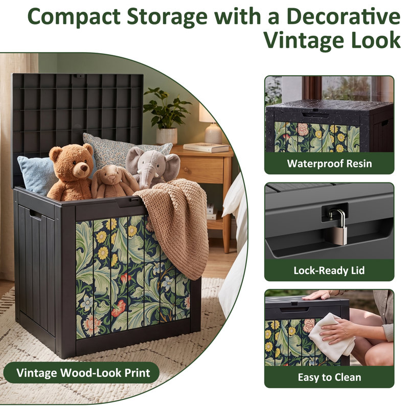 35 Gallon Black Decorative Print Resin Deck Box with Decorative Printed Panels