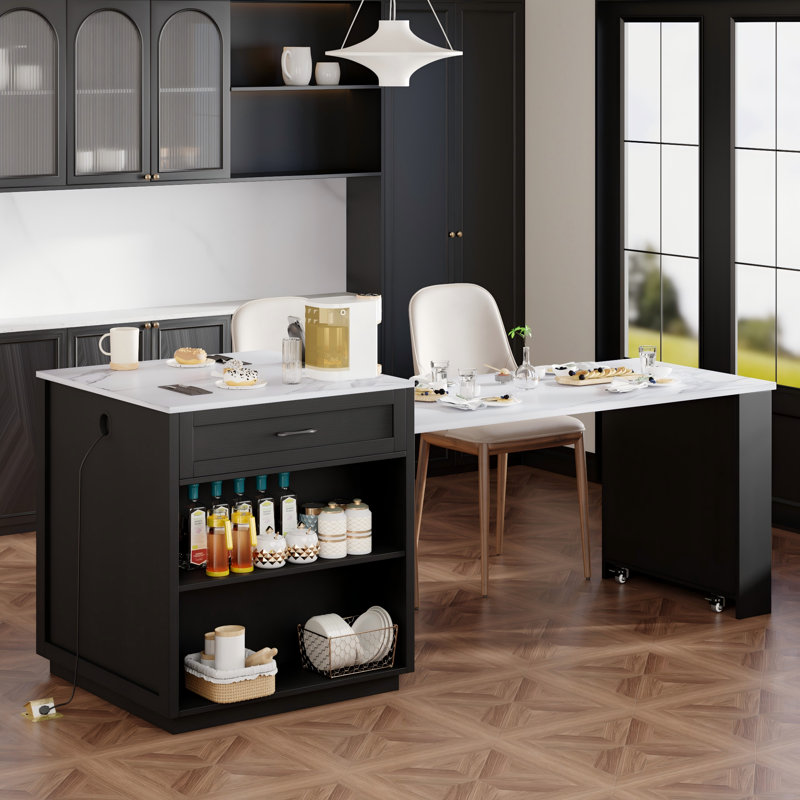Extendable 82.7" Two-tone Kitchen Island With Dining Table For 6, Outlets & Storage Drawers, Black/Engineered Marble