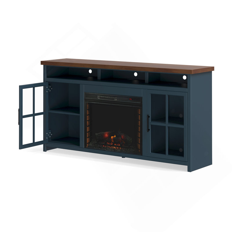 Meuble télé 74 po pour téléviseur de 85 po ou moins, assemblage minimal, denim bleu et finition whisky
