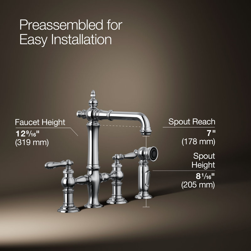 Artifacts® Bridge Faucet with Side Spray, Polished Chrome, Lever Handle