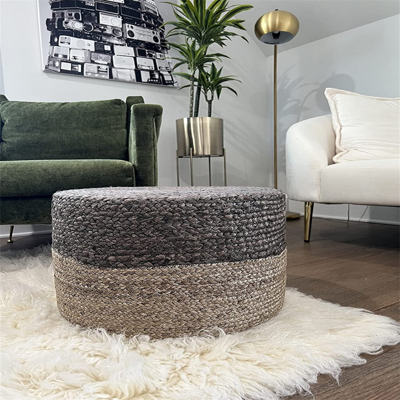 Gray and Beige Handwoven Jute Round Pouf Ottoman