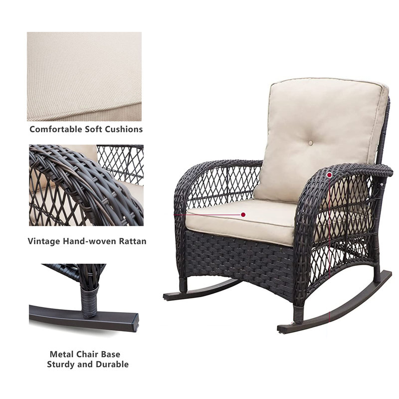 Ensemble de 3 chaises d'extérieur en osier avec coussins de haute qualité et table d'appoint en verre Kaki