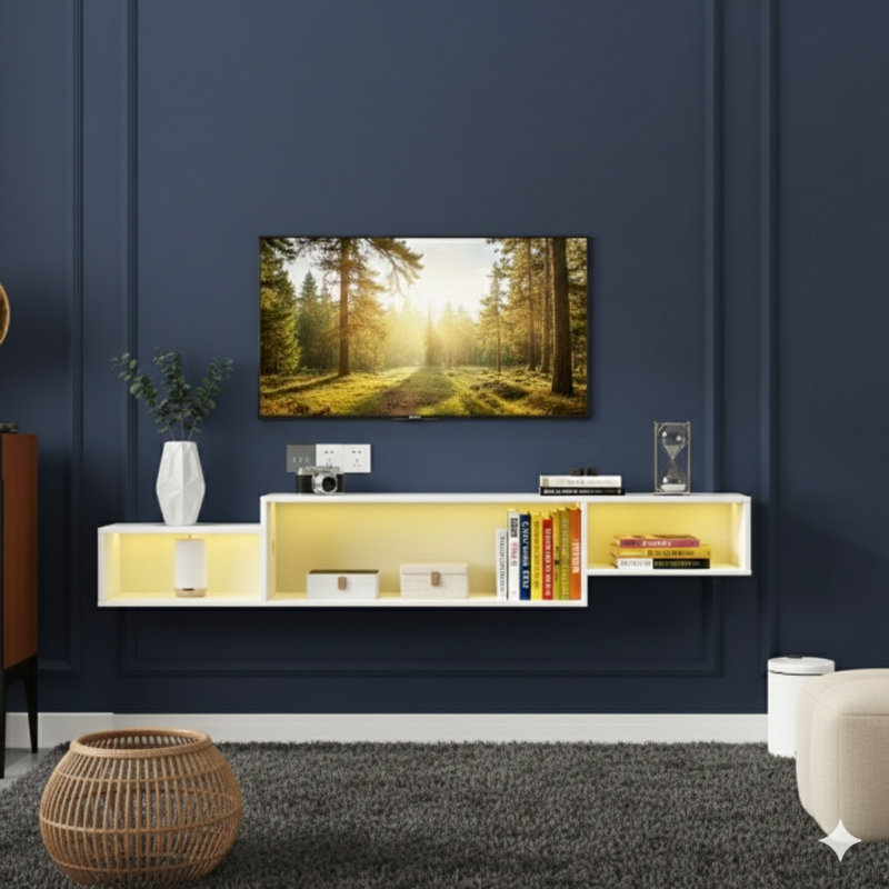 Meuble télé flottant mural de 65,35 pouces avec éclairage à DEL de 20 couleurs et une station de charge.