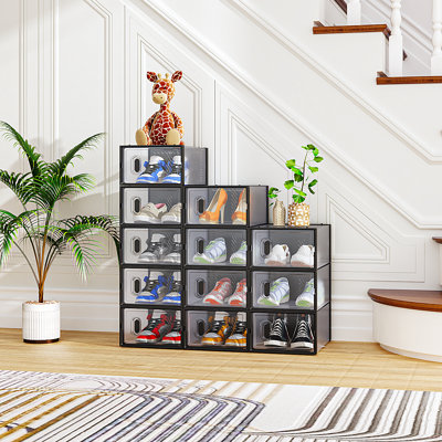 Black Shoe Storage Box Organizers Stackable (Set Of 12)