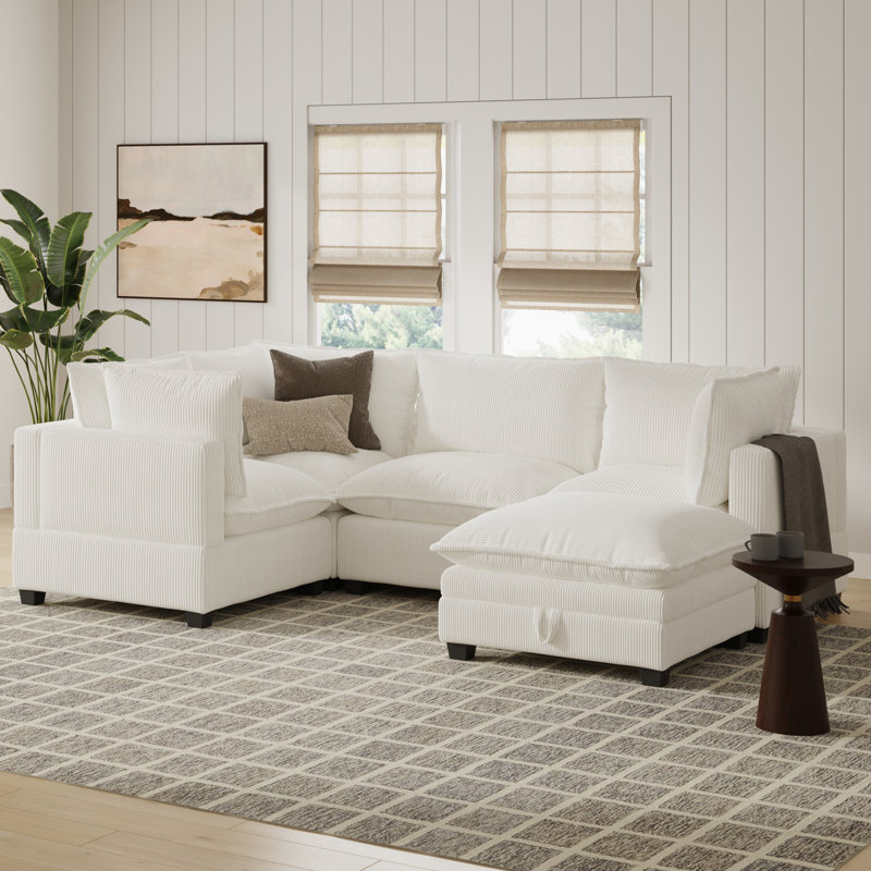 Somerdale Modern Upholstered Cloud Sectional With Ottoman, 39.4" H x 111.1" W x 76.4" D, Pearl White Corduroy