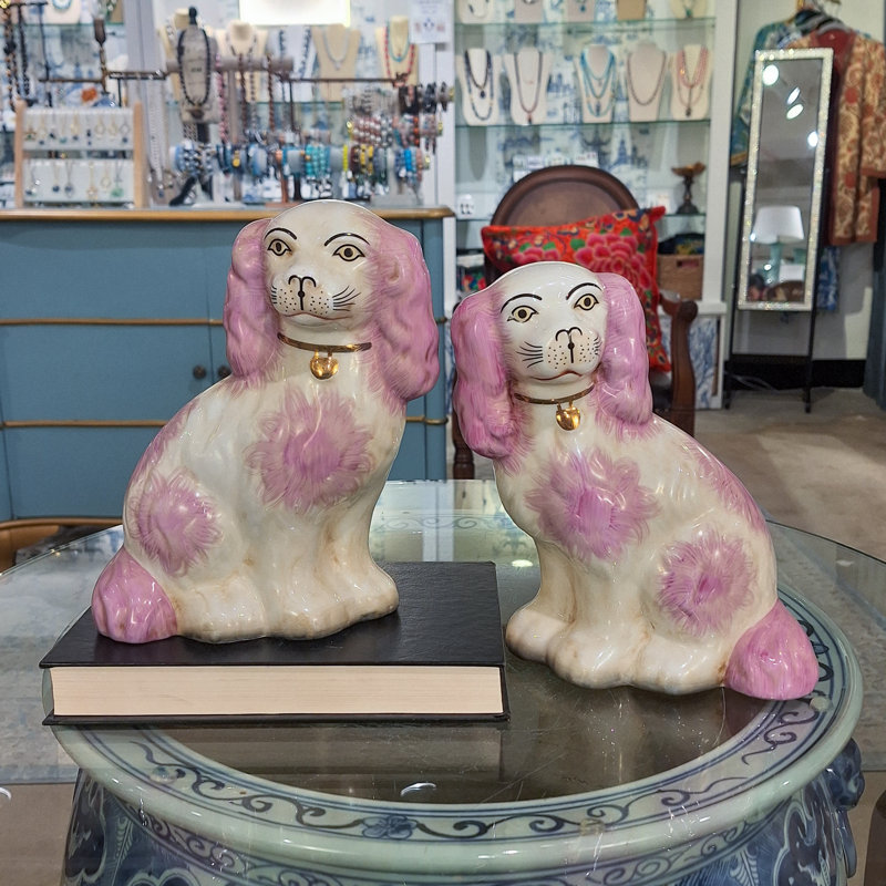 Staffordshire Style Porcelain Dog Pair Pink Accents