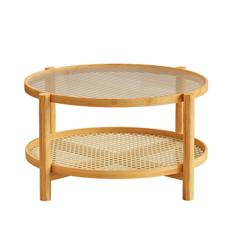 Table basse ronde en rotin avec plateau en verre et étagère de rangement tressée – Table d'appoint moderne à deux niveaux pour salon, bureau et petits espaces