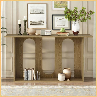 Modern Curved Ash Veneer Coffee Table - Extra Storage Shelf for Entryway, Living Room &amp; Easy Assembly