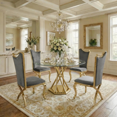 Ensemble de table de salle à manger de 47,2 po en verre rond pour 4 personnes, convenant à une petite cuisine de salle à manger, table en verre trempé avec pieds en acier inoxydable, chaises en métal et polyester, or, gris