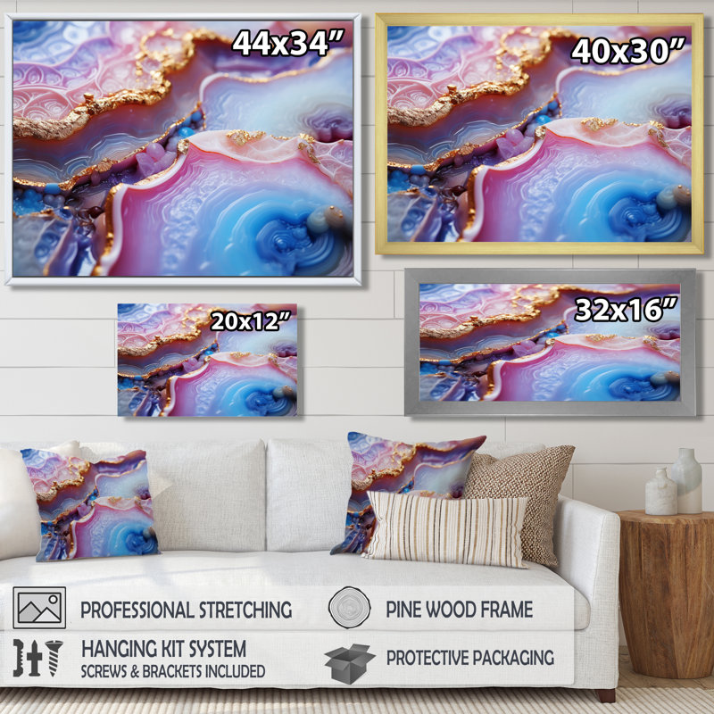 Opulent or agate pourpre Dreams Glam II - salon d'art mural en marbre, Cadre flottant doré, H 20 po x l 12 po x P 1 po