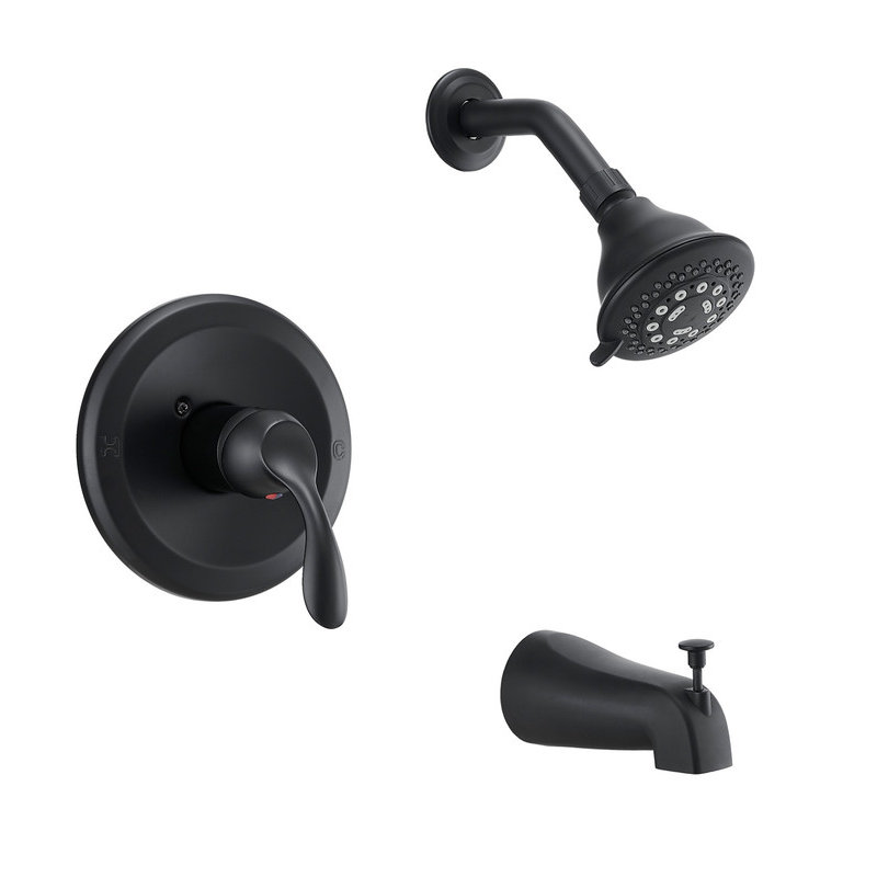 Matte Black Tub & Shower Faucet Combo with 5-Spray Rain Shower Head, Pressure Balance Valve & Diverter Spout, Matte Black
