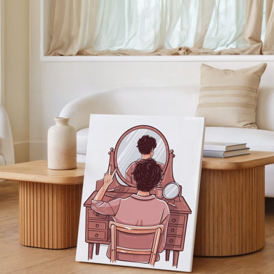 Toile, "Un jeune avec de courts cheveux légèrement ébouriffés", art mural, un meuble-lavabo rétro en bois