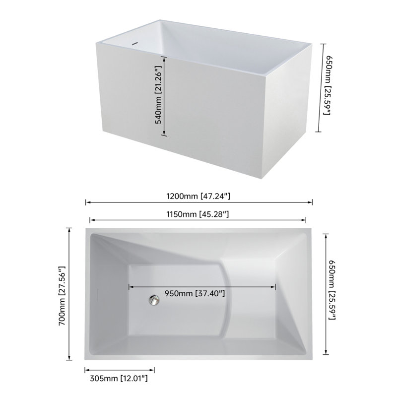 47"×28" Free Standing Soaker Acrylic Bathtub, Rectangular Shape Soaker Hot Tub (White)