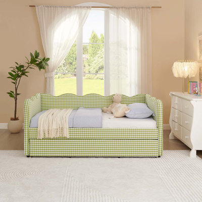 Cozy Gingham Daybed with Trundle, Twin Size Sofa Bed, No Box Spring Needed, USB Port, Adorable Wave Shaped, Linen Fabric,