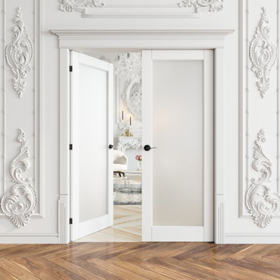 1-Lite Interior Glass French Door Frosted Double Doors With Installation Hardware Kit /Handles