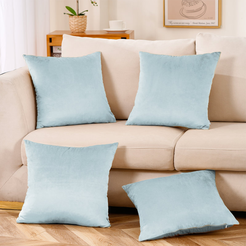 Set Of 4 Throw Velvet Cushion Covers, 18"H x 18"W, Light Blue