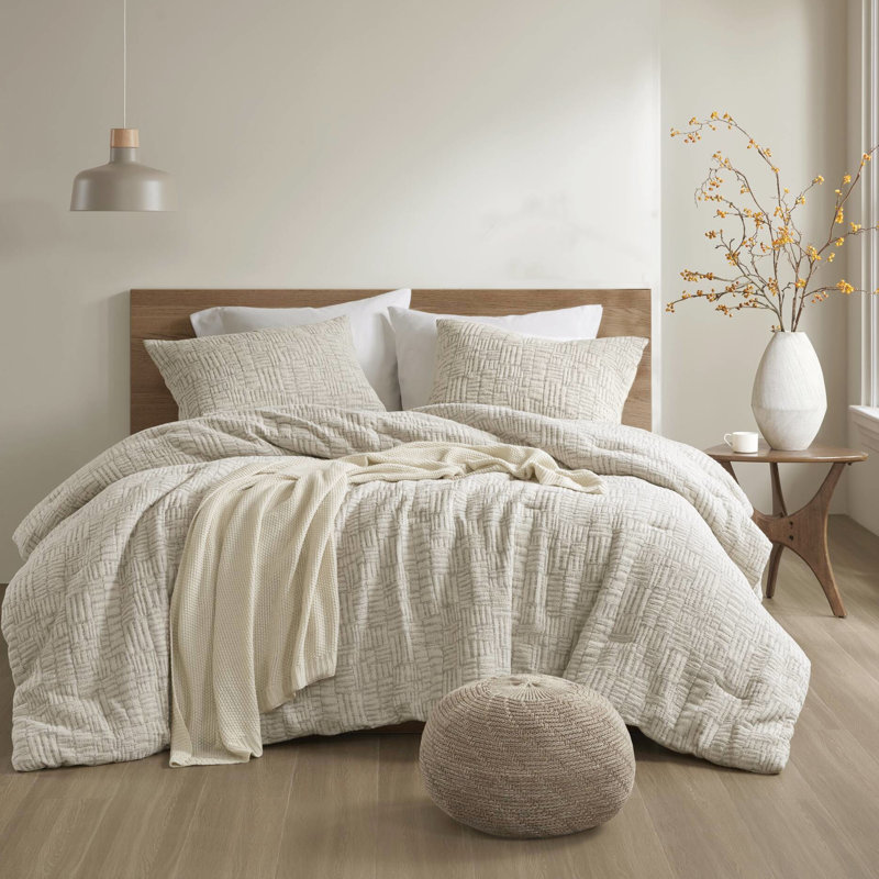 Édredon 3 pièces en coton - Double / Grand motif géométrique 100% beige brillant