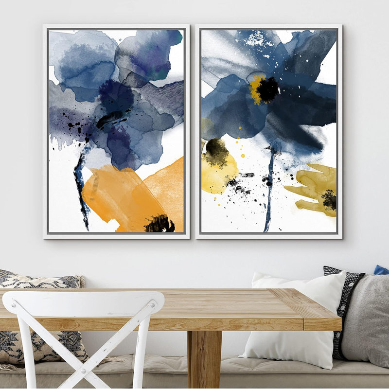 «Aquarelle, éclaboussures de marguerites bleues et jaunes, images murales botaniques, art moderne, chic et coloré», 2 pièces