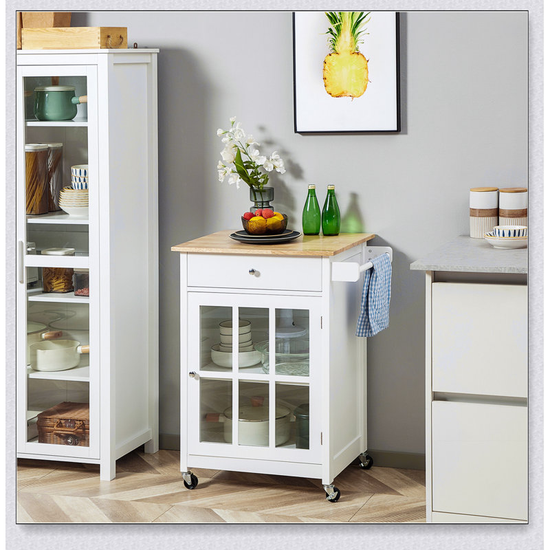 27 Inch Rolling Kitchen Island Cart with Drawer, Glass Door Cabinet, Adjustable Shelf, and Towel Rack for Enhanced Storage and Mobility