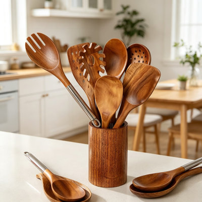10-Piece Teak Wooden Utensil Set With Stainless Steel Hooks And Holder, Non-Stick Kitchen Cooking Spoons And Spatulas For Easy Hanging Organization