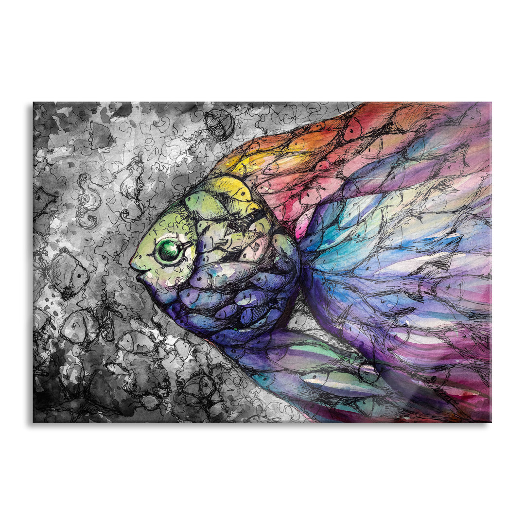 Glasbild _ Wandbild Auf Echtglas _ Schön Gezeichnete Fische _ Inkl. Aufhängung Und Abstandshalter_LFs7666