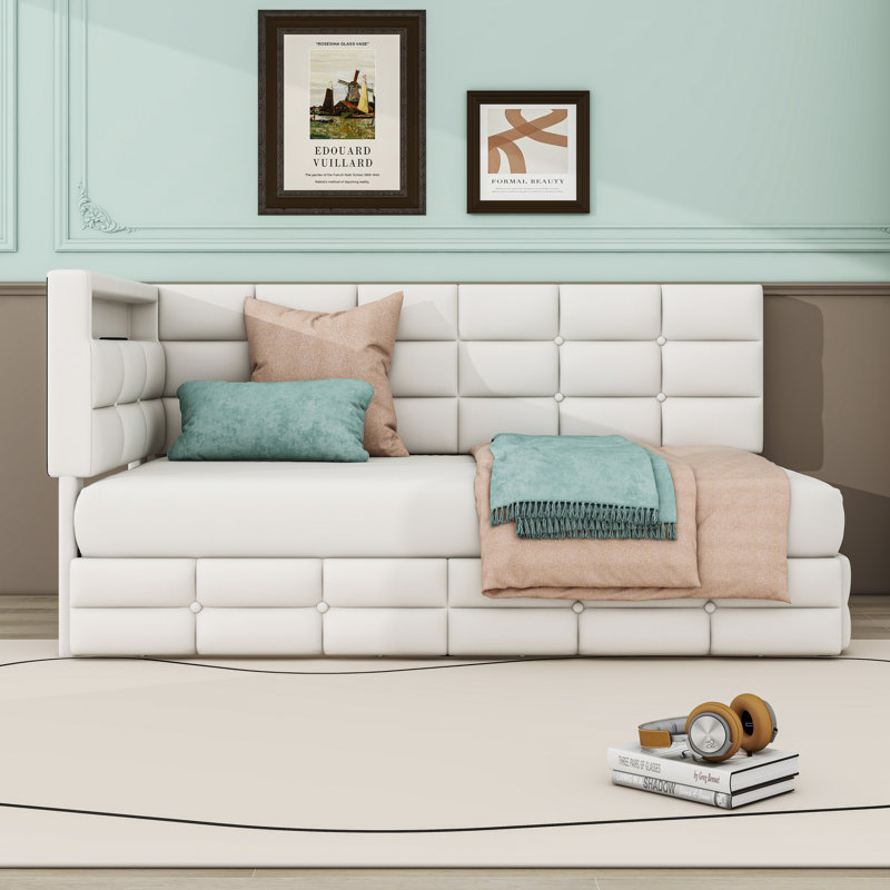 Two Drawers Upholstered Daybed with Charging Station, LED Lights and Storage Headboard, Beige