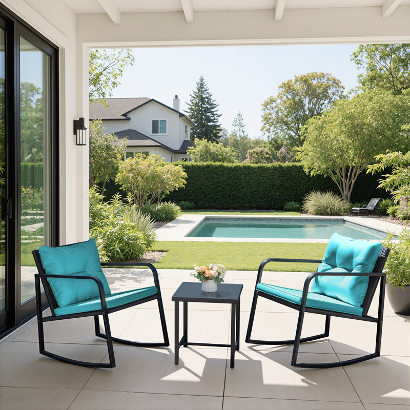 3 Piece Rocking Cafe Furniture Set Wicker Outdoor Patio Furniture Balcony Chair Assembly Kit With Glass Coffee Table, Blue