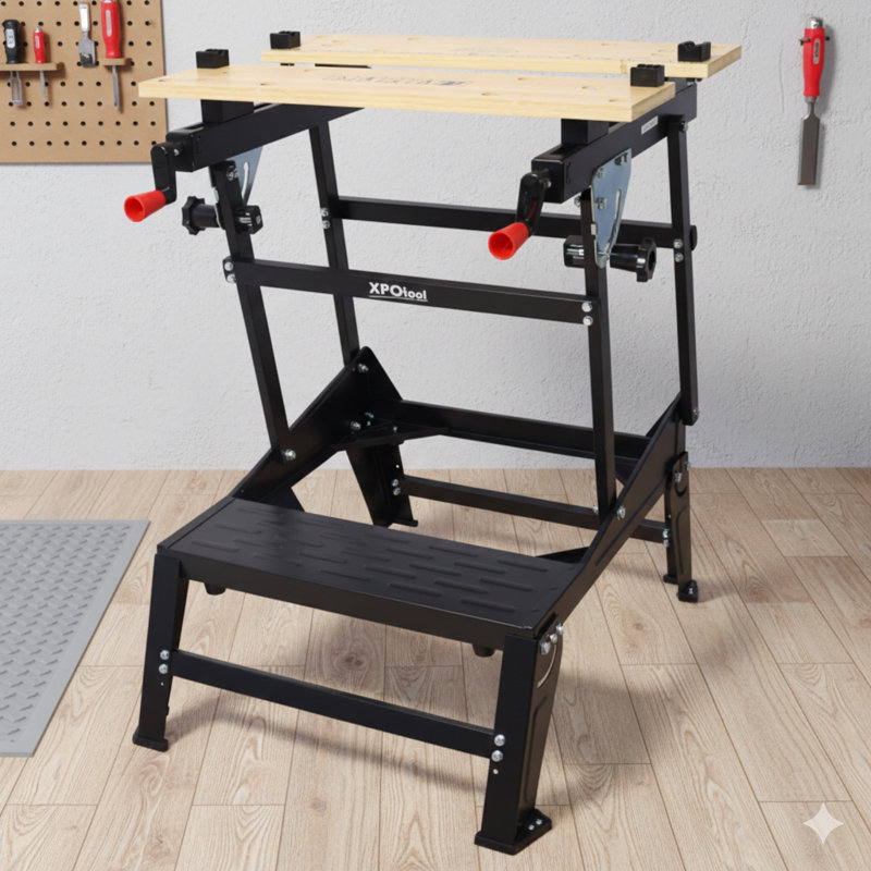 Établi multifonctionnel, portatif et pliable, pouvant supporter jusqu'à 550 lb, avec mâchoires réglables, serrage vertical et quatre broches rotatives réglables, parfait pour le bricolage et le travail du bois