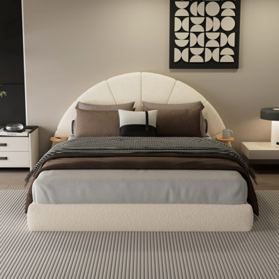 Arched Boucle Upholstered Bed With Wooden Frame & Built-In Shelves by Latitude Run