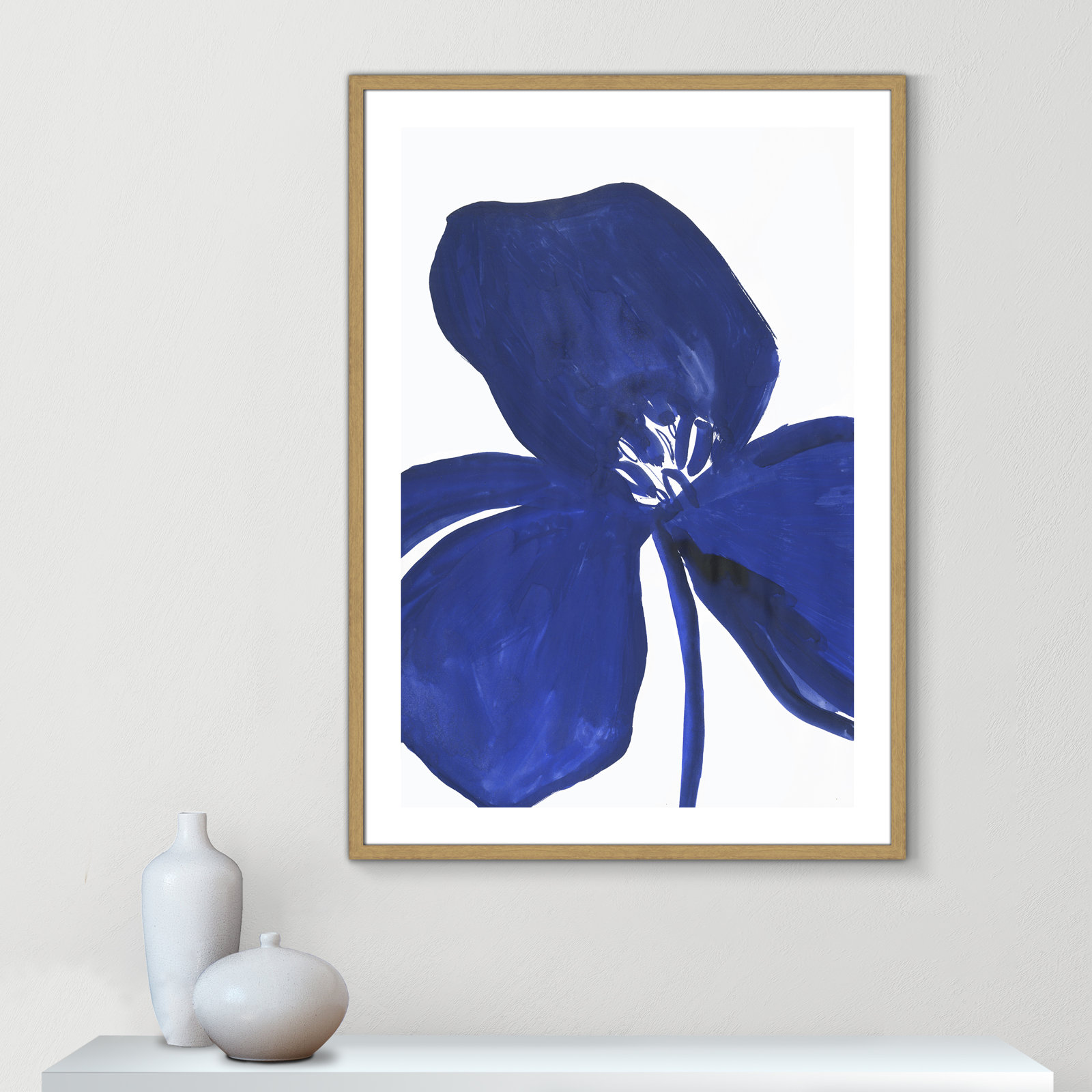 Clarisse "Indigo Petal II" Painting, 41.5" H x 29.5" W x 0.75" D, Beige Framed Paper