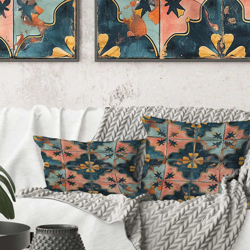 Carreau rustique bleu et doré II - Coussin Farmhouse, H 16 po x l 16 po, Carrée