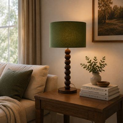 Lampe de table effilée en bois massif 18,5 "avec abat-jour rond en velours, lampe d'appoint moderne en bois véritable avec base E26 pour chambre à coucher et salon
