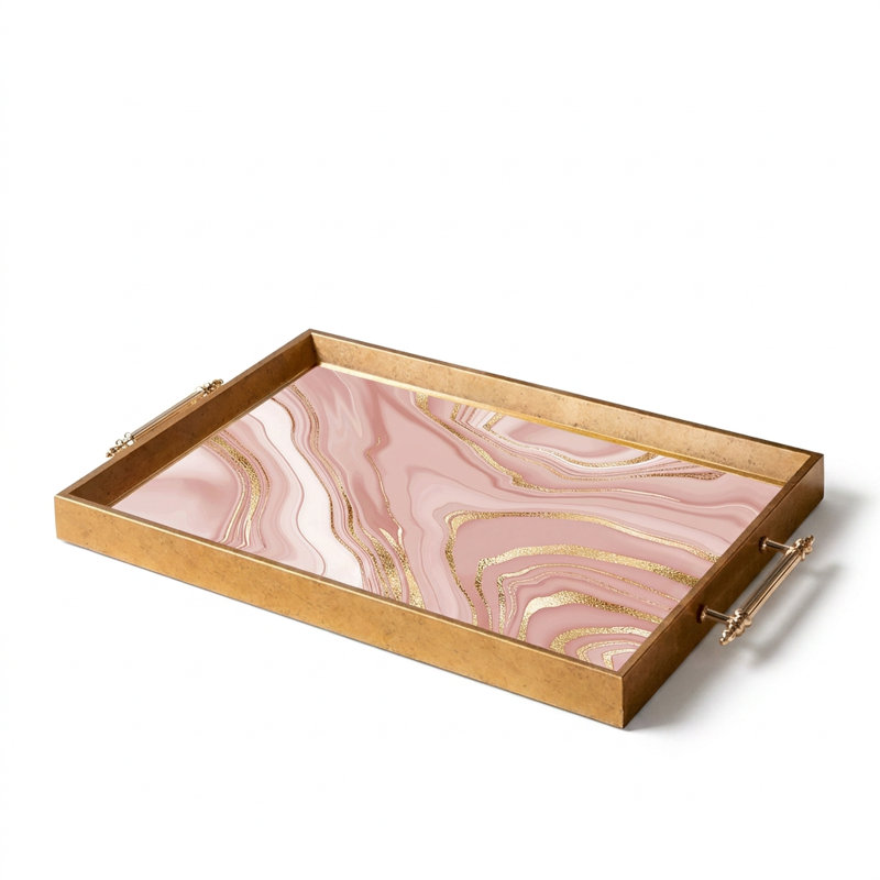 Plateau en verre de marbre rosé et or
