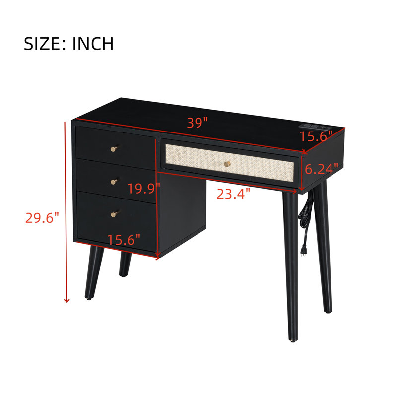 39" Retro Bohemian Style Wooden Makeup Vanity Set With Charging Plug&USB Port And Stool, Dressing Table With 3 Storage Drawers And 1 Rectangular Rattan Drawer