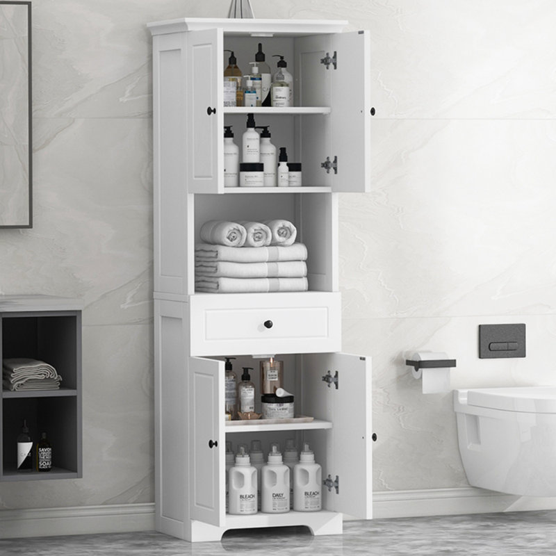Grande armoire de salle de bain avec quatre portes, grand espace de rangement ouvert, armoire de rangement supérieure