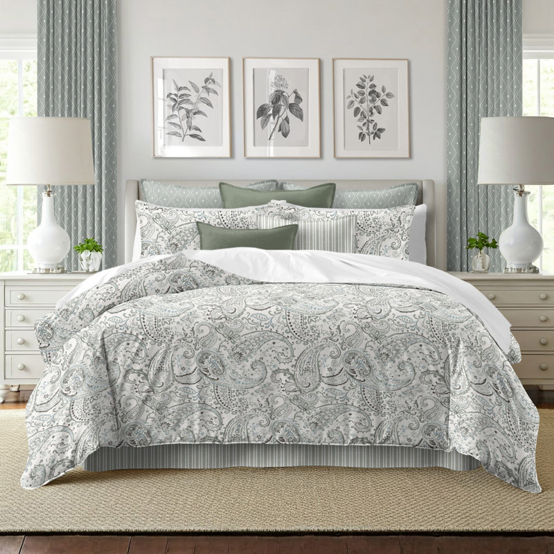 Paisley Seafoam Cotton Coverlet Set, Twin Coverlet + 7 Additional Pieces