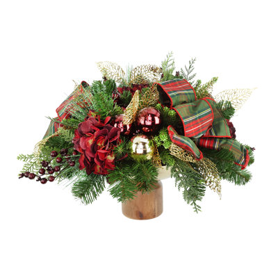 Ember Holiday Centerpiece with Hydrangeas, Ornaments and Bows