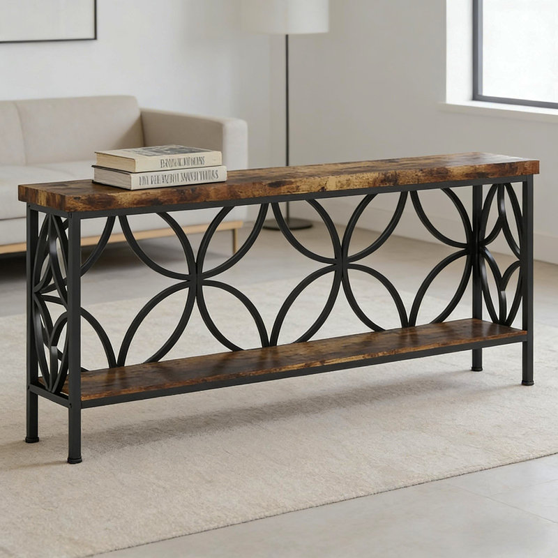 Table basse, canapé industriel, console à 2 niveaux, Noir, Brun rustique