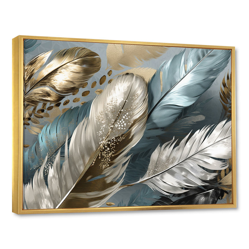 Zacharie, plumes dorées dorées IV sur toile, H 16 po x l 32 po x P 1 po, Cadre flottant doré
