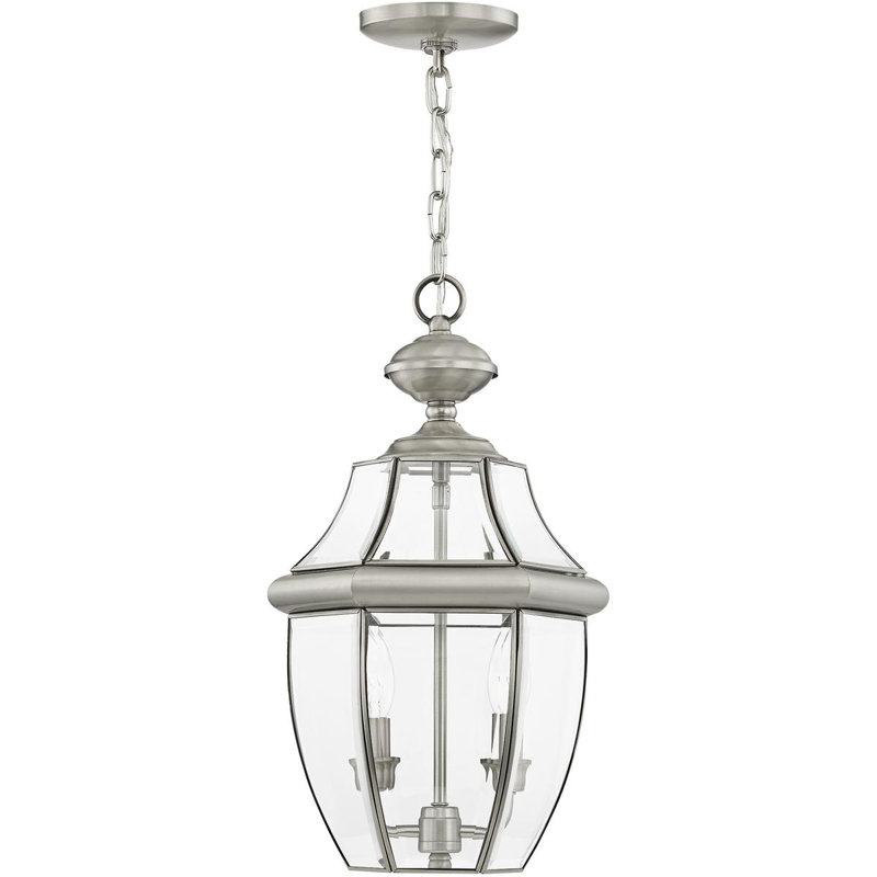 2 Light Outdoor Chain Lantern Pendant with Clear Glass Shade, Brushed Nickel