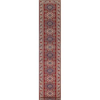Handmade Kazak Geometric Runner Rug 3x19