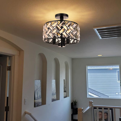 3-Light Modern Crystal Flush Mount Ceiling Light with Drum Shade Black Fixture for Bedroom Living Room Hallway