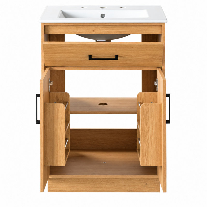 Meuble-lavabo avec lavabo en céramique, meuble de salle de bain moderne et traditionnel avec rangement pratique.