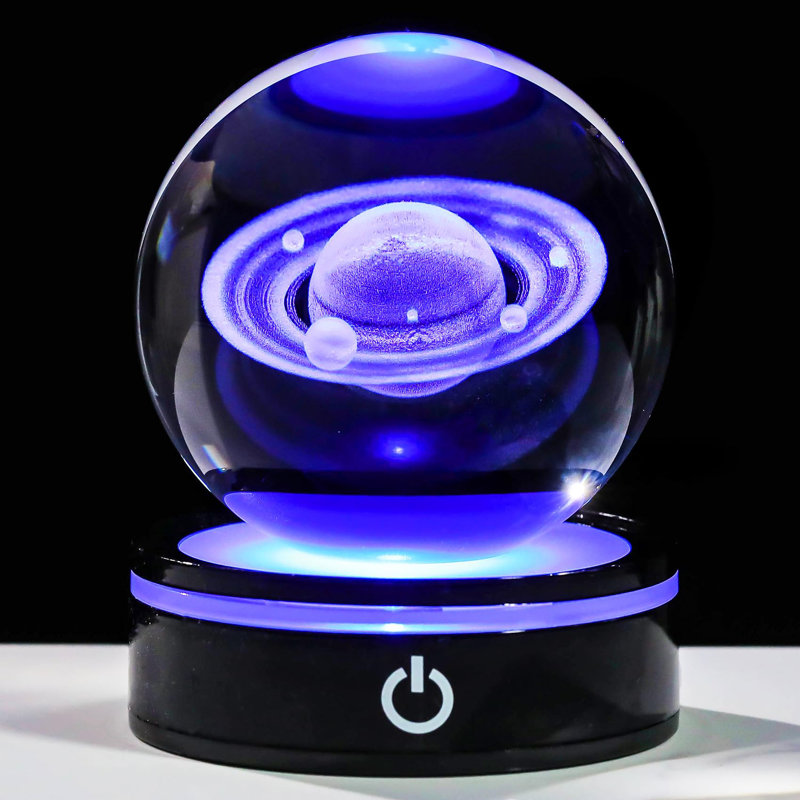 3D Saturn Crystal Ball with LED Base, Laser Engraved Glass Sphere for Gift.