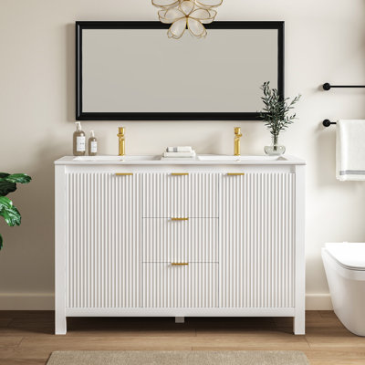 Meuble-lavabo de salle de bain de 48 pouces avec lavabo en céramique, armoire-lavabo cannelée avec 3 tiroirs et 2 portes, poignées dorées